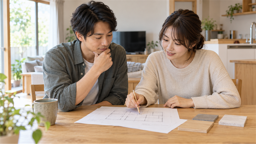 ダイニングテーブルで間取り図と素材見本を見ながら、住まいの希望を話し合う二人
